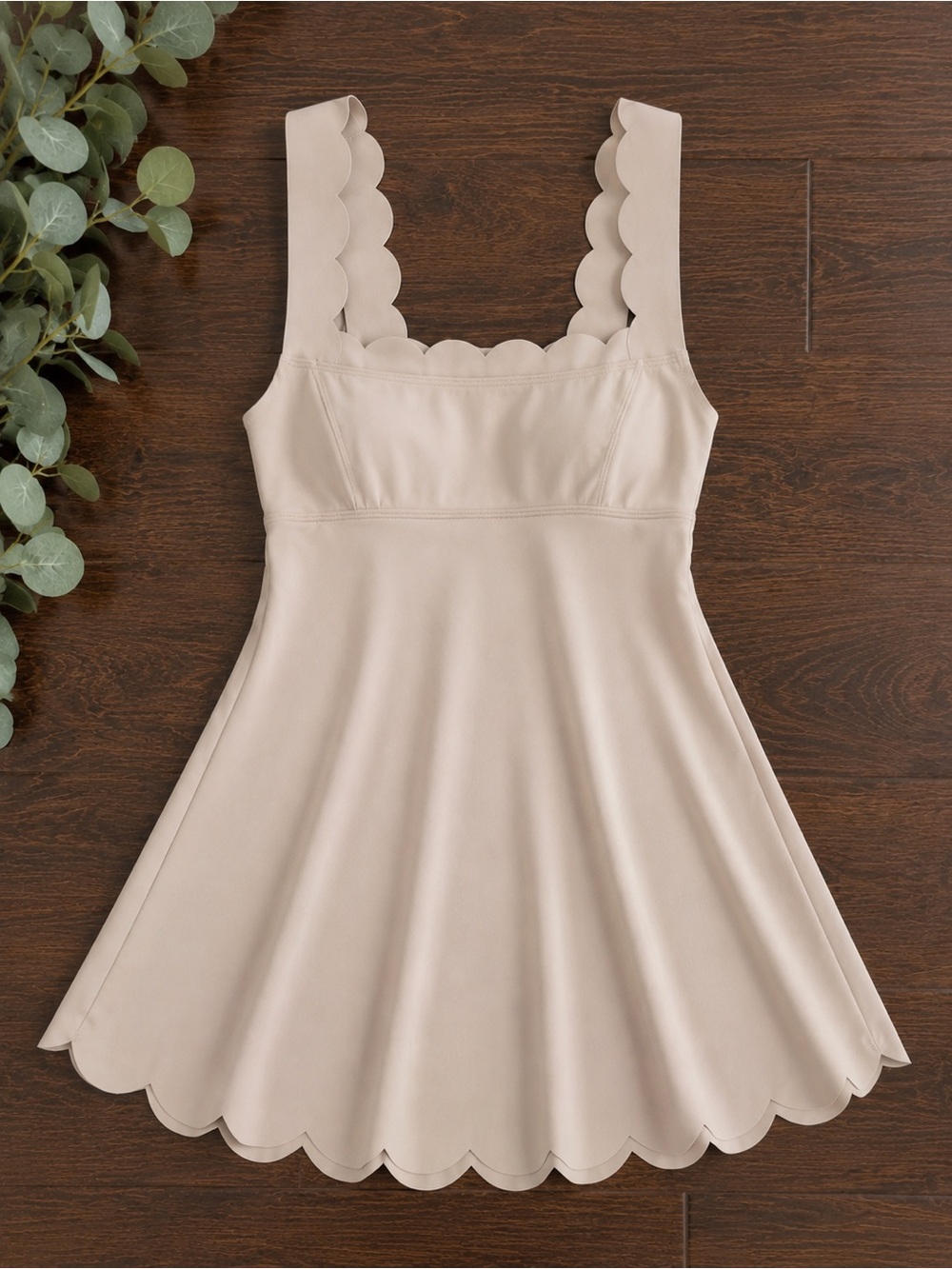 Scallop Square Neck Mini Dress in Almond